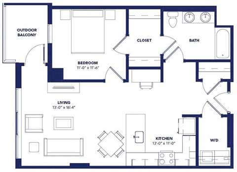 Floor plan for 1 bed, 1 bath, 805 sqft
